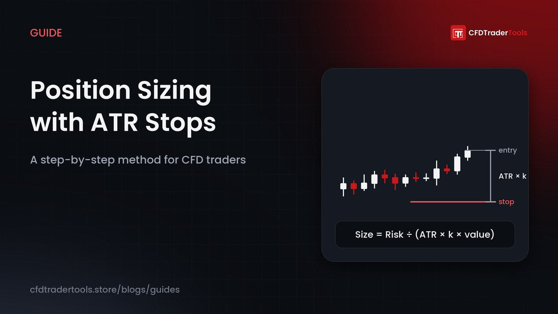 Guide cover: Position sizing with ATR stops — candlestick chart with entry, ATR-based stop distance and sizing formula, CFDTraderTools