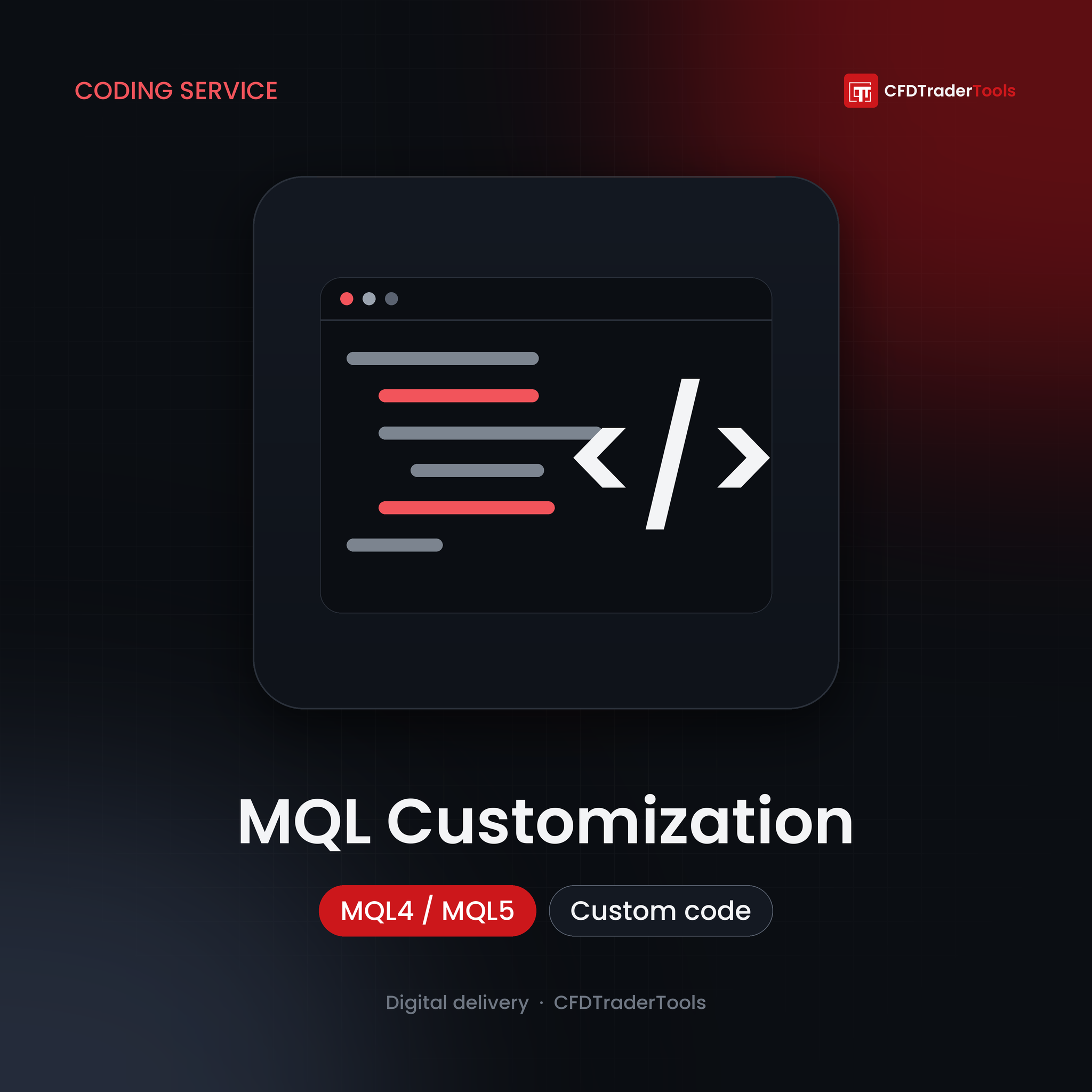 MQL4/MQL5 customization service for MT4/MT5 scripts and Expert Advisors — CFDTraderTools product image with code editor icon